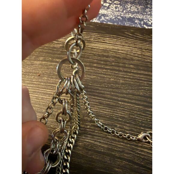 Silver-Tone Multi-Layer Chain Links & Textured Leaf Charms Statement Necklace - Picture 2 of 6